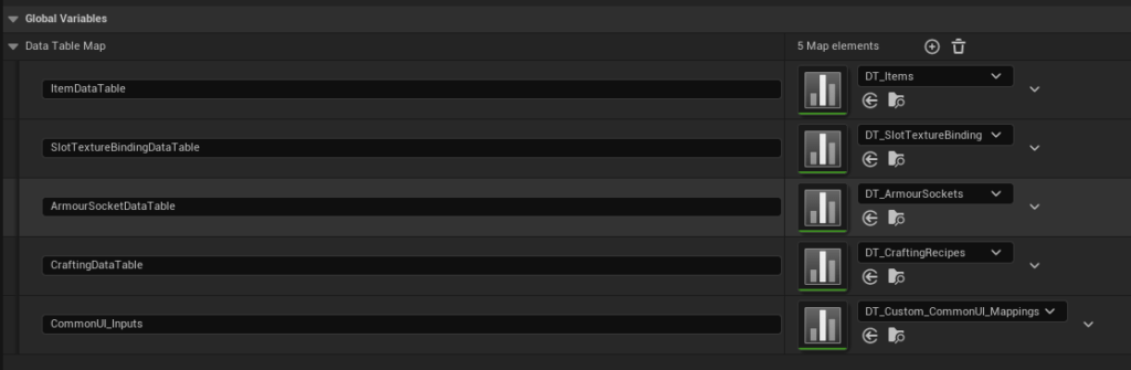 Unreal Engine data tables blueprint view of TMAP